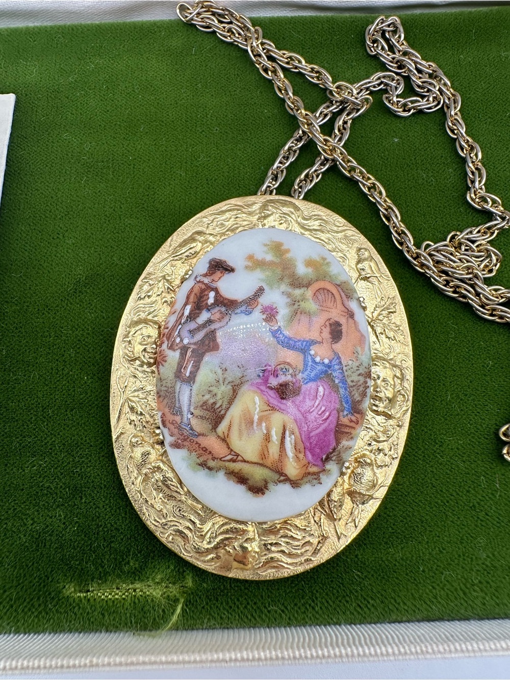 Vintage Krementz Necklace Limoges France Oval Porcelain Pendant